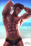  abs absurdres armpit_peek bara beach beard biceps blue_eyes brown_hair chest crestren facial_hair fate/grand_order fate_(series) highres looking_at_viewer male_focus muscle napoleon_bonaparte_(fate/grand_order) pectorals simple_background smile solo swimsuit toned toned_male 
