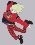  1boy arm_up belt casual contemporary earrings green_hair hair_between_eyes jacket jewelry lio_fotia long_sleeves male_focus pants promare shirikon shirt shoes smile sneakers solo striped striped_legwear violet_eyes 