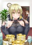  2girls abigail_williams_(fate/grand_order) absurdres artoria_pendragon_(all) bangs bare_shoulders black_bow black_dress black_headwear black_sweater blonde_hair blue_eyes bow breasts butter clock collarbone commentary_request dress eating fate/grand_order fate_(series) food fork glass hair_between_eyes hair_bow hat highres honey indoors knife large_breasts long_hair long_sleeves looking_at_viewer mikujin_(mikuzin24) multiple_girls orange_bow pancake parted_bangs pixiv_fate/grand_order_contest_1 plant saber_alter smile stuffed_animal stuffed_toy sweater teddy_bear tongue tongue_out water yellow_eyes 