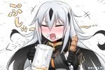  +++ 1girl :d alcohol artist_name bangs beer beer_mug black_gloves black_hair black_jacket blush closed_eyes commentary_request cup emphasis_lines eyebrows_visible_through_hair fang fate/grand_order fate_(series) foam food gloves grey_hair hair_between_eyes heart heart_in_mouth highres holding holding_cup holding_food jacket long_hair mug multicolored_hair nagao_kagetora_(fate) neon-tetora nose_blush open_mouth simple_background smile solo translated two-tone_hair very_long_hair white_background 