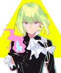  1boy black_gloves black_jacket blonde_hair cravat earrings fire gloves green_hair half_gloves highres jacket jewelry lio_fotia looking_at_viewer lq_saku male_focus outstretched_hand promare solo violet_eyes 