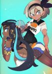  2girls abs armlet ass blue_background covered_navel crop_top dark_skin earrings eyelashes grey_eyes gym_leader hair_bun hairband highres hoop_earrings jewelry kuroi_moyamoya long_hair multicolored_hair multiple_girls on_lap pokemon pokemon_(game) pokemon_swsh rurina_(pokemon) saitou_(pokemon) shirt short_hair short_shorts shorts sportswear tied_shirt toned two-tone_hair 