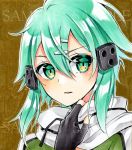  1girl alto2019 aqua_hair black_gloves brown_background fingerless_gloves gloves green_eyes hair_between_eyes hair_ornament hairclip looking_at_viewer lowres marker_(medium) parted_lips portrait sample scarf shiny shiny_hair short_hair_with_long_locks sidelocks sinon solo sword_art_online traditional_media white_scarf 