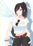 1girl ara_ssmjnkosam_-key2321 bangs belt black_hair breasts brown_belt collarbone commentary_request glasses green_eyes highres idolmaster idolmaster_shiny_colors large_breasts long_hair ponytail shirase_sakuya shirt short_sleeves smile solo white_shirt wings yellow_eyes