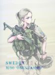  1girl absurdres ak-5 assault_rifle blonde_hair blue_eyes camouflage english_text gun headwear_removed helmet helmet_removed highres holding holding_gun holding_weapon load_bearing_vest military military_uniform original ponytail rifle solo sweden swedish_flag tantu_(tc1995) uniform watch watch weapon 