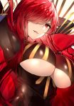  1girl arm_up bangs black_bodysuit bodysuit breasts cape commentary_request fate/grand_order fate_(series) grin hair_over_one_eye large_breasts licking_lips long_hair looking_at_viewer oda_nobunaga oda_nobunaga_(fate) oda_nobunaga_(maou_avenger)_(fate) parted_lips red_eyes redhead skindentation smile solo tongue tongue_out touwa_nikuman under_boob underboob_cutout upper_body very_long_hair 
