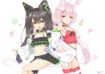  2girls ahoge animal_ear_fluff animal_ears arm_up bikini_top black_hair black_skirt breasts camisole cat_ears chigusa_hana chigusa_hana_channel choker garters green_eyes hair_ornament hairclip hand_on_hip hand_on_own_chest headphones highres jacket long_hair low_twintails miniskirt multiple_girls navel no_pants off_shoulder open_clothes open_jacket open_mouth outstretched_arm pink_eyes pink_hair rabbit_ears red_camisole simple_background skirt small_breasts smile striped striped_legwear thigh-highs thighs tomari_mari tomari_mari_channel trait_connection twintails virtual_youtuber white_background white_jacket 