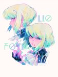  1boy black_jacket blonde_hair character_name close-up closed_mouth cravat earrings expressions face fire jacket jewelry lio_fotia male_focus profile promare solo souno_kazuki violet_eyes 