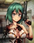  1girl android barcode barcode_tattoo blood bullet_hole commentary damaged green_eyes green_hair gun handgun holding holding_gun holding_weapon looking_at_viewer missing_limb original parts_exposed revolver robot_girl russian_text short_hair solo tattoo weapon zap-nik 