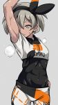  1girl abs arm_up covered_navel crop_top dark_skin flo grey_eyes grey_hair hairband looking_away navel pokemon pokemon_(game) pokemon_swsh saitou_(pokemon) short_hair shorts solo sportswear sweat toned undershirt 