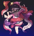 1girl beanie black_hair black_shorts callie_(splatoon) chinese_commentary commentary_request constricted_pupils domino_mask eyebrows_visible_through_hair fangs frown hat long_hair long_sleeves looking_at_viewer looking_over_eyewear madaga_(animaofmoon) mask mole mole_under_eye open_clothes open_mouth open_shirt pink_headwear pink_shirt pointy_ears reaching_out restrained scared shirt shorts solo splatoon_(series) splatoon_2 star_hat_ornament tearing_up tentacle_hair tentacles white_shirt