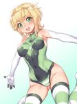  1girl :d akatsuki_kirika ass_visible_through_thighs bare_shoulders blonde_hair blush breasts commentary_request covered_navel elbow_gloves eyebrows_visible_through_hair folks_(nabokof) gloves gradient gradient_background green_eyes green_leotard hair_ornament leotard looking_at_viewer medium_breasts open_mouth senki_zesshou_symphogear shiny shiny_hair shiny_skin short_hair skin_tight smile solo striped striped_legwear teeth thigh-highs white_gloves x_hair_ornament 