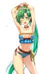  1girl athenawyrm bikini blush breasts cute earrings fire_emblem fire_emblem:_rekka_no_ken fire_emblem:_the_blazing_blade fire_emblem_heroes green_eyes green_hair high_ponytail highres intelligent_systems jewelry large_breasts long_hair looking_at_viewer lyn_(fire_emblem) lyndis_(fire_emblem) navel nintendo one_eye_closed open_mouth ponytail simple_background smile solo super_smash_bros. swimsuit very_long_hair wet white_background 
