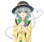  1girl aqua_hair black_headwear breasts eyebrows_visible_through_hair frilled_shirt_collar frills green_eyes green_skirt hair_between_eyes hands_on_own_chest hands_together hat hat_ribbon heart heart_of_string highres komeiji_koishi kurumi_lm light_blush long_sleeves looking_at_viewer open_mouth ribbon shirt short_hair simple_background skirt small_breasts solo standing third_eye touhou upper_body white_background yellow_shirt 