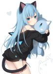  1girl :t amashiro_natsuki animal_ears bangs bare_shoulders black_jacket blue_eyes blue_hair blush cat_ears cat_girl cat_tail closed_mouth commentary_request eyebrows_behind_hair hair_between_eyes hair_ornament heart highres jacket long_hair long_sleeves looking_at_viewer looking_to_the_side object_hug off_shoulder one_side_up original simple_background sleeves_past_wrists solo stuffed_animal stuffed_cat stuffed_toy tail very_long_hair white_background 