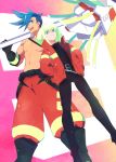  2boys belt blue_eyes blue_hair boots c_kihara chest galo_thymos gloves green_hair hand_in_pocket holding holding_weapon jacket lio_fotia male_focus matoi multiple_boys open_mouth pants polearm promare shirt shirtless smile spear spiky_hair violet_eyes weapon 
