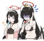  2girls alternate_hairstyle bangs bikini black_bikini black_hair black_wings blue_archive blunt_bangs bow brain_freeze drooling flower food frilled_bikini frills gloom_(expression) hair_bow hair_flower hair_ornament hairband halo holding holding_food jacket jacket_over_swimsuit long_hair looking_at_another low_wings mashiro_(blue_archive) mouth_drool multiple_girls official_alternate_costume open_clothes open_jacket ponytail popsicle rokukyugo simple_background sweat swimsuit tearing_up tsurugi_(blue_archive) upper_body violet_eyes watermelon_bar wavy_mouth white_background wings 