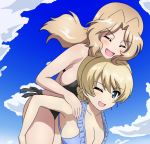  :d ;d bangs bikini black_bikini_top blonde_hair blue_bikini blue_eyes blue_sky braid breasts bukkuri carrying clouds cloudy_sky commentary_request darjeeling day eyebrows_visible_through_hair frilled_bikini frills girls_und_panzer hair_intakes kay_(girls_und_panzer) large_breasts leaning_forward light_blush long_hair looking_at_viewer one_eye_closed open_mouth outdoors piggyback side-by-side sky smile standing swimsuit tied_hair 