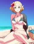  beach beach_towel bikini black_jacket blonde_hair braid breasts crown_braid flower green_eyes hair_flower hair_ornament highres jacket jewelry medium_breasts pendant picnic_basket pointy_ears princess_zelda saiba_(henrietta) short_hair swimsuit the_legend_of_zelda the_legend_of_zelda:_breath_of_the_wild the_legend_of_zelda:_breath_of_the_wild_2 towel white_bikini 