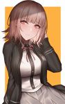  1girl :&gt; absurdres aogi_(pixiv9459043) bangs black_jacket breasts commentary_request dangan_ronpa eyebrows_visible_through_hair flipped_hair hair_ornament hairclip highres hood hoodie jacket long_sleeves looking_at_viewer nanami_chiaki orange_background pink_eyes pink_hair pleated_skirt red_ribbon ribbon short_hair simple_background skirt smile solo super_dangan_ronpa_2 white_background 