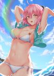  1girl ahoge arms_up bikini blush breasts clouds cloudy_sky fate/grand_order fate_(series) hair_between_eyes highres looking_at_viewer medium_breasts navel ocean okita_souji_(fate) okita_souji_(fate)_(all) open_mouth outdoors pink_hair shiunnkaku short_hair side-tie_bikini sky smile solo swimsuit white_bikini yellow_eyes 