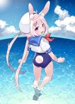  1girl ahoge akagashi_hagane animal_ear_fluff animal_ears ass barefoot bunny_tail clouds from_behind hair_ornament hairclip hat horizon kneepits legs long_hair looking_back low_twintails no_pants ocean one-piece_swimsuit open_mouth outdoors pink_eyes pink_hair rabbit_ears school_swimsuit school_uniform serafuku shirt sky smile soles solo swimsuit tail toes tomari_mari tomari_mari_channel twintails virtual_youtuber wading walking water white_headwear white_shirt 