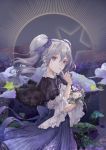  1girl artist_request clouds dark_background drill_hair eyebrows_visible_through_hair finger_to_mouth flower frilled_sleeves frills hair_ribbon hands_on_own_face idolmaster idolmaster_cinderella_girls idolmaster_cinderella_girls_starlight_stage kanzaki_ranko lolita_fashion long_skirt looking_at_viewer purple_ribbon red_eyes ribbon see-through shirt signature sindomizuki skirt star striped striped_skirt sun_(symbol) twintails violet_eyes 