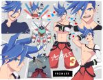  baggy_pants blue_eyes blue_hair chest chibi closed_eyes copyright_name crossed_arms galo_thymos gloves koeri male_focus matoi mecha open_mouth pants promare shirtless smile spiky_hair teeth 