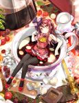  1girl ascot bare_arms bare_shoulders black_legwear bow breasts brown_eyes cafe-chan_to_break_time cafe_(cafe-chan_to_break_time) cherry chocolate coffee coffee_beans coffee_pot collared_shirt commentary_request cup fingernails food fruit gradient_hair hand_up head_tilt heart highres in_container in_cup long_hair looking_at_viewer minigirl multicolored_hair nail_polish pantyhose pink_hair pink_nails pink_shirt pleated_skirt porurin purple_skirt red_bow red_footwear redhead saucer shirt shoes skirt sleeveless sleeveless_shirt small_breasts solo star yellow_neckwear 