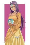  1girl asymmetrical_clothes blush breasts brown_eyes choker circlet crystal_ball dark_skin dragon_quest dragon_quest_iv dress earrings hiroyama_(hpzg5374) holding jewelry large_breasts long_hair looking_at_viewer minea purple_background purple_hair simple_background smile solo 
