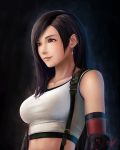  1girl bangs black_background black_hair breasts closed_mouth collarbone crop_top earrings elbow_pads final_fantasy final_fantasy_vii final_fantasy_vii_remake hair_over_shoulder highres jewelry large_breasts layered_clothing light_smile long_hair midriff ranh red_eyes shirt sidelocks signature simple_background sleeveless sleeveless_shirt stomach suspenders taut_clothes taut_shirt tifa_lockhart upper_body very_long_hair white_crop_top 