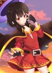  1girl artist_request bandaged_leg bandages belt black_gloves black_hair blush breasts brown_hair cape choker collarbone commentary_request dress fingerless_gloves gloves hair_between_eyes hat highres kono_subarashii_sekai_ni_shukufuku_wo! long_sleeves looking_at_viewer megumin open_mouth red_dress red_eyes short_hair single_thighhigh small_breasts solo thigh-highs witch_hat 