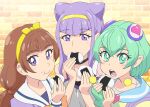  3girls amanogawa_kirara brown_hair eating eyebrows_visible_through_hair fingerless_gloves food food_on_face gloves go!_princess_precure green_eyes green_gloves green_hair hagoromo_lala hair_cones hairband highres holding holding_food hugtto!_precure long_hair looking_at_viewer multiple_girls noble_academy_school_uniform onigiri open_mouth pointy_ears precure purple_hair rice rice_on_face ruru_amour school_uniform serafuku short_hair single_glove star_(symbol) star_in_eye star_twinkle_precure symbol_in_eye ueyama_michirou violet_eyes yellow_hairband 