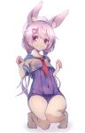  1girl ahoge animal_ear_fluff animal_ears arms_up barefoot covered_navel crop_top hair_ornament hairclip hat kneeling long_hair low_twintails mosu_(korikan) no_pants one-piece_swimsuit paw_pose pink_eyes pink_hair rabbit_ears school_swimsuit school_uniform serafuku shirt simple_background smile solo swimsuit swimsuit_under_clothes thighs toes tomari_mari tomari_mari_channel twintails virtual_youtuber wet wet_clothes wet_shirt white_background white_headwear white_shirt 