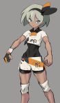  1girl abs absurdres barefoot bodysuit breasts covered_navel dark_skin gloves grey_eyes grey_hair hairband highres looking_at_viewer pokemon pokemon_(game) pokemon_swsh ribbon saitou_(pokemon) shirt short_hair short_sleeves shorts solo sweat ulrich_(tagaragakuin) white_shirt wristband 