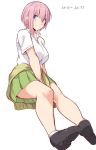  1girl black_footwear blue_eyes blush breasts commentary_request fate/grand_order fate_(series) green_skirt large_breasts mash_kyrielight pink_hair shirt shiseki_hirame shoes short_hair simple_background skirt smile solo sweater timestamp white_background white_shirt 