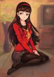  1girl absurdres amagi_yukiko ascot bangs black_hair black_legwear blunt_bangs cardigan grey_eyes hairband highres houndstooth loafers long_hair pantyhose persona persona_4 red_cardigan school_uniform serafuku shoes solo toasty_scones yasogami_school_uniform yellow_neckwear 