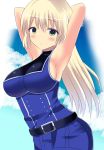  1girl :o armpits arms_behind_head arms_up bangs bare_shoulders belt belt_buckle black_belt blonde_hair blue_dress blue_sky blush breasts buckle clouds cloudy_sky commentary_request day dress eyebrows_visible_through_hair green_eyes hachigatsu_no_cinderella_nine hair_between_eyes large_breasts long_hair looking_at_viewer neu_(frameice) nozaki_yuuki parted_lips sideboob sky solo very_long_hair 