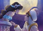 1boy 1girl aladdin_(character) aladdin_(disney) artist_name bare_shoulders black_hair breasts brown_eyes brown_hair commentary_request dark_skin dated disney earrings feathers flower hair_flower hair_ornament hat hetero highres ika_(4801055) jasmine_(disney) jewelry long_hair looking_at_another moon night small_breasts smile white_headwear