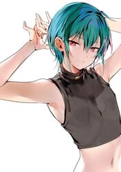  1other androgynous armpits green_hair hand_behind_head highres konbu_wakame midriff navel nijisanji ryuushen short_hair violet_eyes virtual_youtuber 