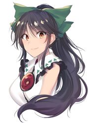  1girl adapted_costume alternate_hairstyle asa_(coco) bangs bare_shoulders blush breasts brown_eyes commentary_request cropped_torso eyebrows_visible_through_hair frilled_shirt_collar frills green_hair hair_between_eyes large_breasts long_hair looking_at_viewer ponytail reiuji_utsuho shirt sidelocks signature simple_background sleeveless sleeveless_shirt smile solo touhou upper_body white_background white_shirt 