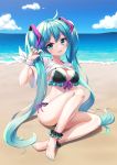  1girl ahoge ankle_scrunchie aqua_eyes aqua_hair beach bikini black_bikini clouds crypton_future_media cute feet front-tie_top full_body hatsune_miku highres long_hair mk82_(hoonsyh) moe nail_polish open_mouth outdoors scrunchie side-tie_bikini sitting sky solo summer swimsuit toenail_polish twintails very_long_hair vocaloid water yamaha_(company) 