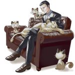  1boy animal animal_on_lap black_hair black_legwear black_pants brown_eyes brown_footwear cat couch formal gen_1_pokemon highres male_focus meowth pants persian pokemon sakaki_(pokemon) simple_background sitting smile socks solo suit yu_(mekeneko1998) 