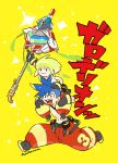  2boys baggy_pants black_gloves blonde_hair blue_hair carrying chest chibi galo_thymos gloves highres lio_fotia male_focus matoi multiple_boys niwa open_mouth pants piggyback polearm promare shirtless signature smile spear spiky_hair violet_eyes weapon 