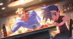  amputee blonde_hair blue_eyes blue_hair carton child cup dining_room drinking_glass food galo_thymos highres indoors kray_foresight looking_at_another male_focus meipu_hm omurice open_mouth orange_juice promare red_eyes shirt short_hair spiky_hair spoon sweatdrop window younger 