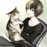  1boy androgynous animal bangs black_shirt brown_eyes brown_hair cat chair closed_mouth dated hair_between_eyes holding holding_animal holding_cat long_sleeves looking_at_viewer original shirt signature simple_background sitting smile uraki_(tetsu420) white_background 