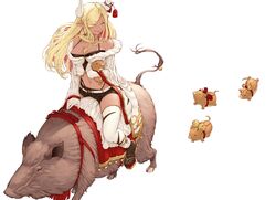  1214_goldfische 1girl absurdres bell blonde_hair boar breasts dark_skin draph fur-trimmed_jacket fur_trim gloves granblue_fantasy highres horns jacket kuvira_(granblue_fantasy) large_breasts long_hair midriff navel off_shoulder pointy_ears riding_boar shorts thigh-highs white_background white_gloves 