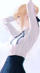  1girl adjusting_hair arms_behind_head arms_up artoria_pendragon_(all) blonde_hair clouds collared_shirt fate/stay_night fate_(series) green_eyes high-waist_skirt highres looking_afar neck_ribbon parted_lips ribbon saber seol shirt shirt_tucked_in short_hair sidelighting sidelocks simple_background skirt solo sweat upper_body white_background white_shirt 