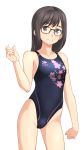 1girl absurdres black_hair black_swimsuit breasts collarbone competition_swimsuit contrapposto cowboy_shot floral_print glasses highleg highleg_swimsuit highres medium_hair one-piece_swimsuit original parted_lips simple_background small_breasts smile solo standing swimsuit takafumi white_background 