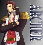  abeberries beard belt blue_eyes brown_hair chest crossed_arms epaulettes facial_hair fate/grand_order fate_(series) long_sleeves looking_at_viewer male_focus military muscle napoleon_bonaparte_(fate/grand_order) pectorals scar simple_background smile solo toned toned_male uniform 